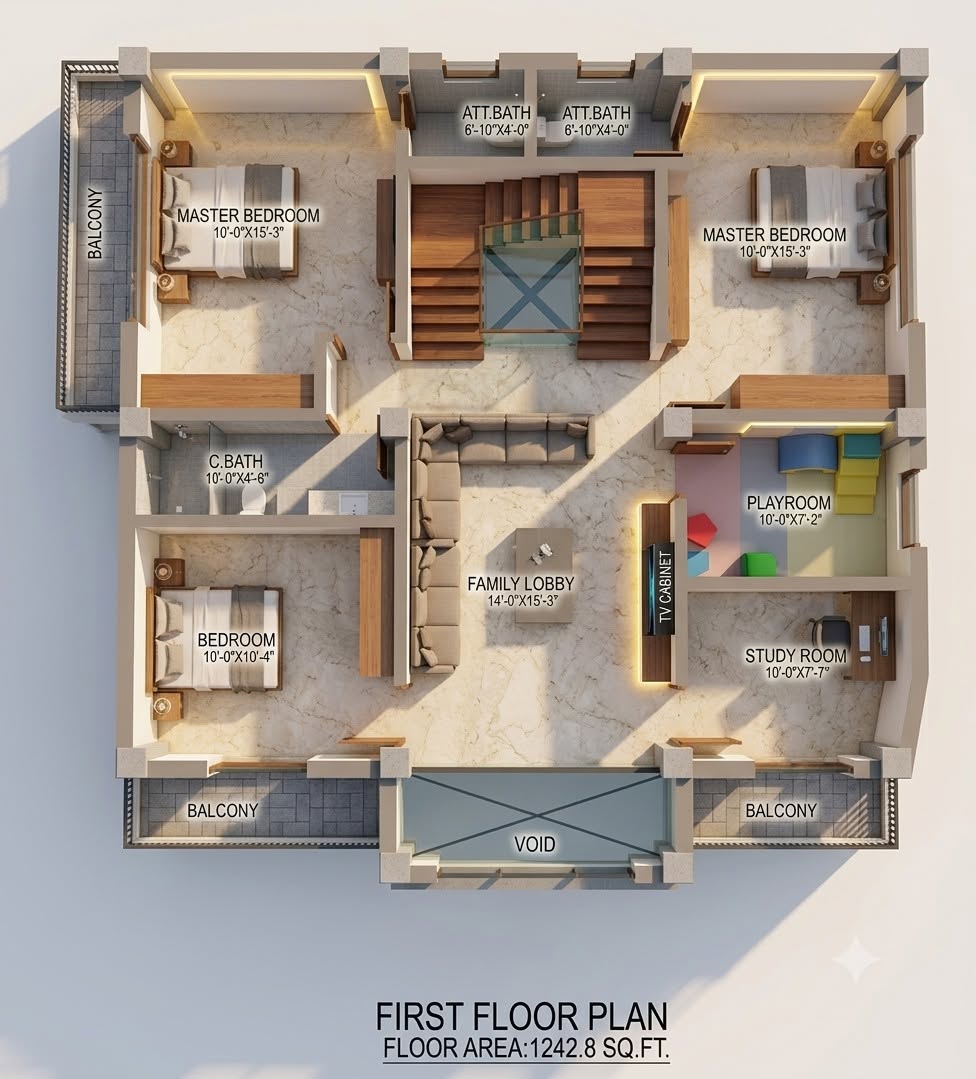 Annotated first floor plan showing master bedrooms, family lobby, study and playroom